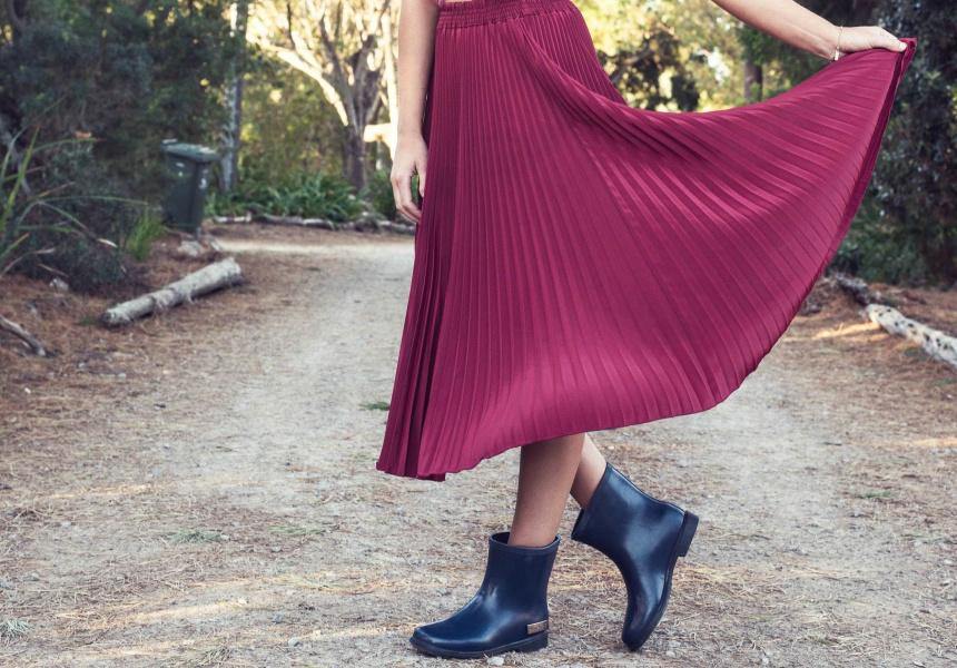 Broadsheet, woman in red skirt and black merry people boots
