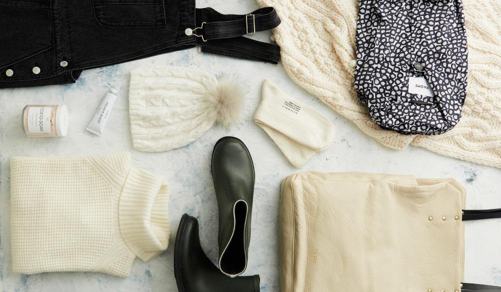 Australian Traveller Magazine, flatlay of winter clothing essentials, merry people boots, jumper, scarf